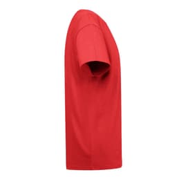 A red regular cut T-shirt for women is displayed from the side, featuring short sleeves and a simple design.