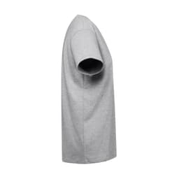 A grey regular cut T-shirt for women featuring short sleeves and a simple design. It has a logo on the garment.