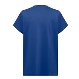 A blue regular cut T-shirt for women, featuring a simple design with a logo on the back.