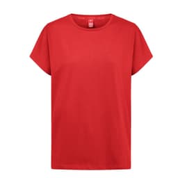 A red regular cut T-shirt for women with short sleeves and a plain design. It features a logo on the label.