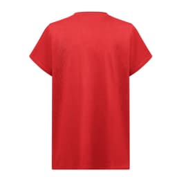A red regular cut T-shirt for women, featuring a simple design and a logo on the back.