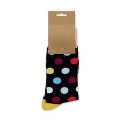 A pack of colourful socks featuring a black background with large, vibrant polka dots in various colours.