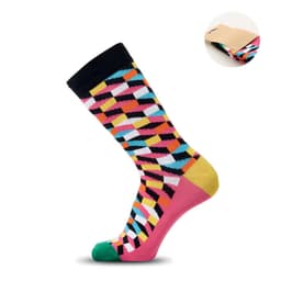 Colourful patterned sock featuring geometric designs in pink, yellow, blue, and black. Includes a branding logo.