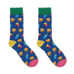 Brightly patterned socks featuring hamburgers, fries, and drinks on a blue background, with green, pink, and yellow accents.