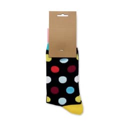 A pair of multicoloured polka dot socks featuring a black base, with a cardboard tag attached.