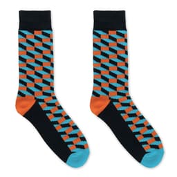 A pair of socks featuring a geometric pattern with orange, black, and blue colours. The socks have a contrasting toe and heel.
