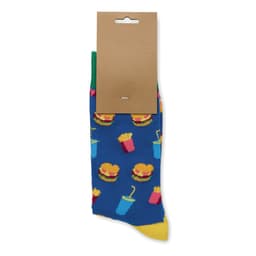 Colourful socks featuring a fun pattern of burgers, fries, and drinks, packaged with a brown card header.