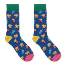 A pair of colourful socks featuring a fun pattern of burgers, fries, and drinks on a blue background.