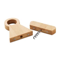 A wooden corkscrew tool in two parts, featuring a handle and a base, crafted from light brown bamboo.