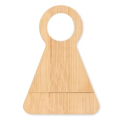 A bamboo cutting board in a triangular shape with a circular handle, featuring a smooth, natural finish.
