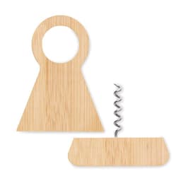 A bamboo corkscrew with a shaped handle and a spiral corkscrew attached, featuring natural wood grain.
