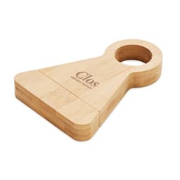 A bamboo product with a triangular shape and a circular handle, featuring a logo. Natural wood finish.