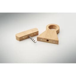 A wooden corkscrew with a circular handle and a straight corkscrew, featuring a natural wood finish.