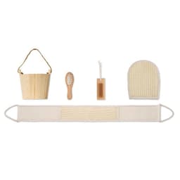 A self-care set featuring a wooden bucket, brush, glove, and strap in natural tones. Includes assorted skin care tools.