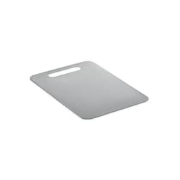 A chopping board in a sleek silver colour with a handle for easy grip.