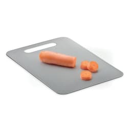 A cutting board with a whole carrot and sliced pieces on it, featuring a handle and a sleek grey surface.