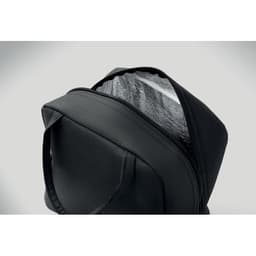 A black bag with a zippered top, featuring a transparent section revealing inside contents. The bag has a sleek design.