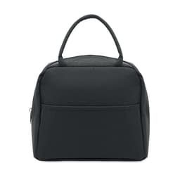 A black insulated lunch bag with a handle and a front pocket. It has a structured shape and a zipper closure.