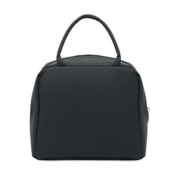 A black insulated bag with a sturdy handle and a zippered pocket on the side.