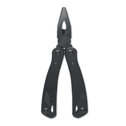 A black multi-tool with pliers and various functions, featuring a textured grip for ease of use.