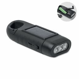 A portable black solar-powered flashlight with three LEDs and a USB charging port. It has a built-in handle.