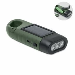 A portable solar-powered flashlight in green, featuring three LEDs and a hand-crank for charging. Includes a branding logo.