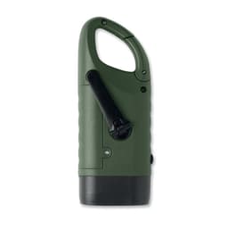 A green, handheld lantern with a carabiner-style handle and a sturdy base. It features a simple design and a side switch.