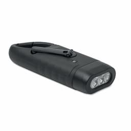 A portable black torch with three LED lights and a clip for attachment. Ideal for various lighting needs.