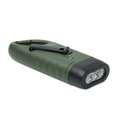 A green handheld torch with three LED lights and a clip for attachment.