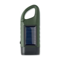 A green solar-powered lantern with a handle and a solar panel on the front.