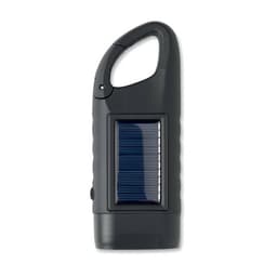 A portable black solar lantern with a handle and a solar panel on the front.