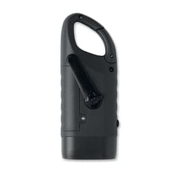 A drink bottle in a sleek black design, featuring a curved handle and a locking mechanism.