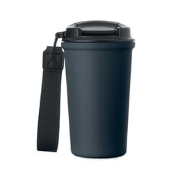 A drink bottle in dark navy blue with a black lid and a strap attached to the side.