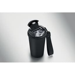 A drink bottle in sleek black with a flip-top lid and a wrist strap for easy carrying. Features a branding logo.