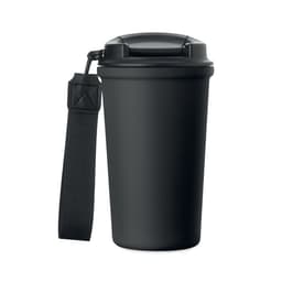 A drink bottle in matte black, featuring a secure lid and a convenient carry strap.