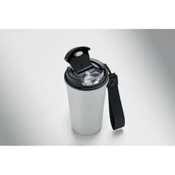 A drink bottle in white with a black lid and strap, featuring a spout and a logo on the front.