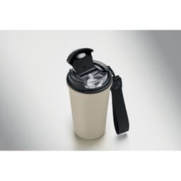 A drink bottle in beige with a black lid and strap, featuring a clear opening for sipping.