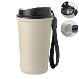 A drink bottle in beige with a black lid and a carry strap, featuring a logo on the side.