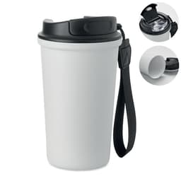 A drink bottle with a white body and black lid, featuring a black strap and a clear top opening.
