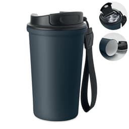 A drink bottle in dark blue featuring a lid with a straw and carrying strap, accompanied by additional views.