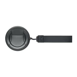 A round black drink bottle with a flat base and a strap attached for easy carrying. Branding is visible.