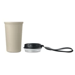 A drink bottle in a light beige colour with a black lid and a wrist strap, featuring a logo.