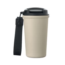 A drink bottle in cream colour with a black lid and a black strap attachment. It features a logo on the body.