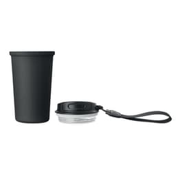 A drink bottle with a black matte finish and a detachable lid with a strap. It features a simple, modern design.