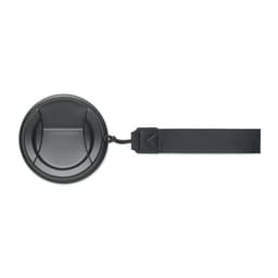 A drink bottle cap in black, featuring a strap for easy carrying. It has a circular design with a smooth surface.