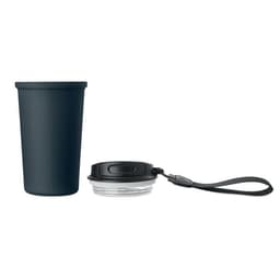 A drink bottle in navy blue with a removable lid and a wrist strap. The bottle features a smooth, matte finish.