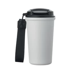 A drink bottle in white with a black lid and strap, featuring a logo on the front.
