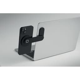 A black magnetic phone holder attached to a laptop, showcasing a sleek, minimalist design.