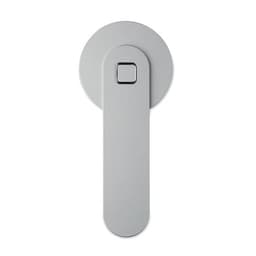 A drink bottle in a sleek silver finish with a rounded cap and central square button design. It features a branding logo.