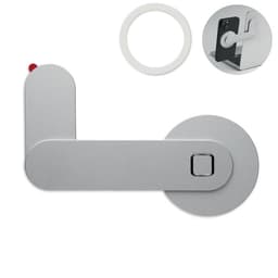 A silver door handle with a circular base and a small red button, accompanied by a circular phone mount.